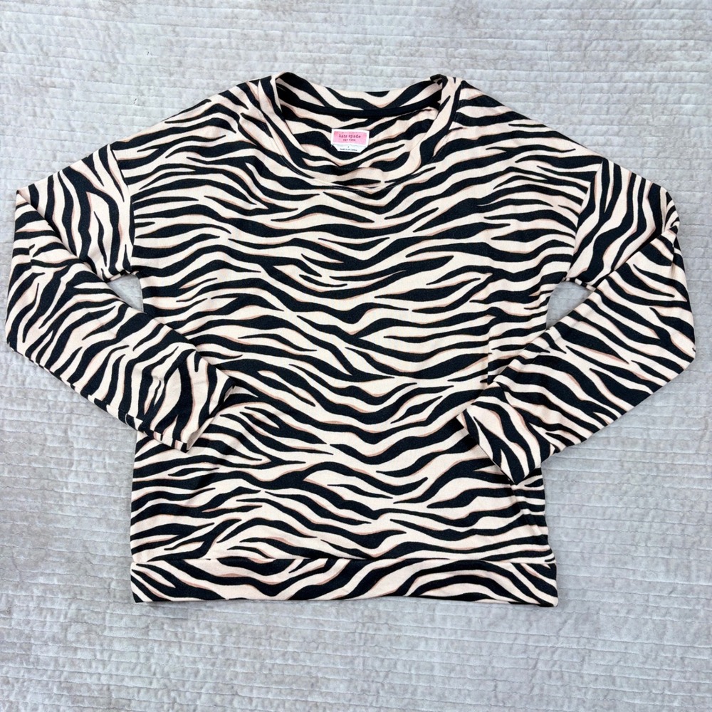 Kate Spade New York Zebra Print Long Sleeve Knit Top Black Tan Small